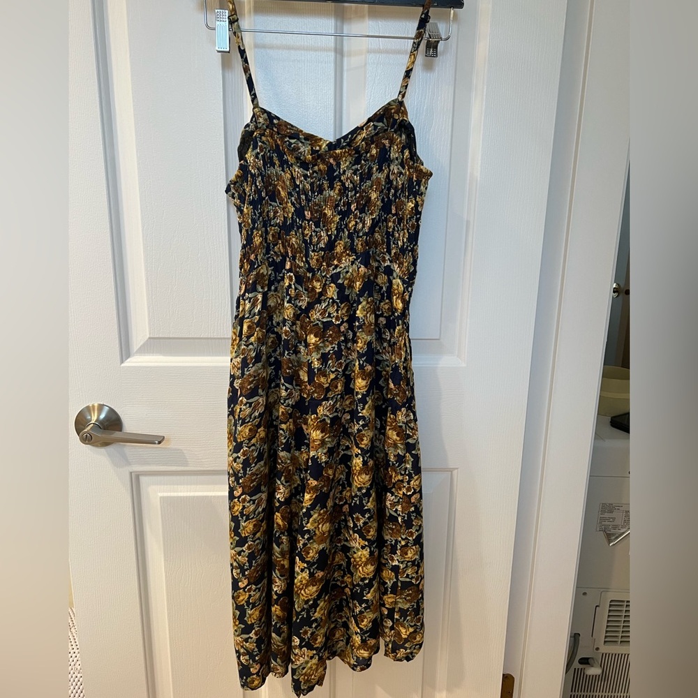Navy and Gold Flowy Strap Floral Jumpsuit with Side Pockets